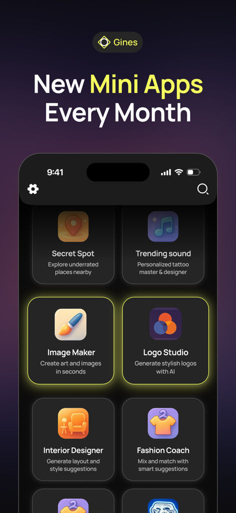 AI mini apps: Gines - Gines app interface displaying multiple AI mini apps including Image Maker and Logo Studio