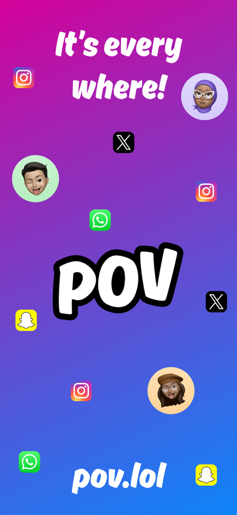 보라색 배경에 인스타그램, 스냅챗, 왓츠앱 아이콘으로 둘러싸인 POV 익명 앱 로고