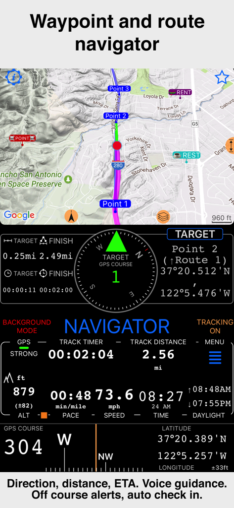 Compass 55 interface showing waypoint and route navigation with speed and altitude data