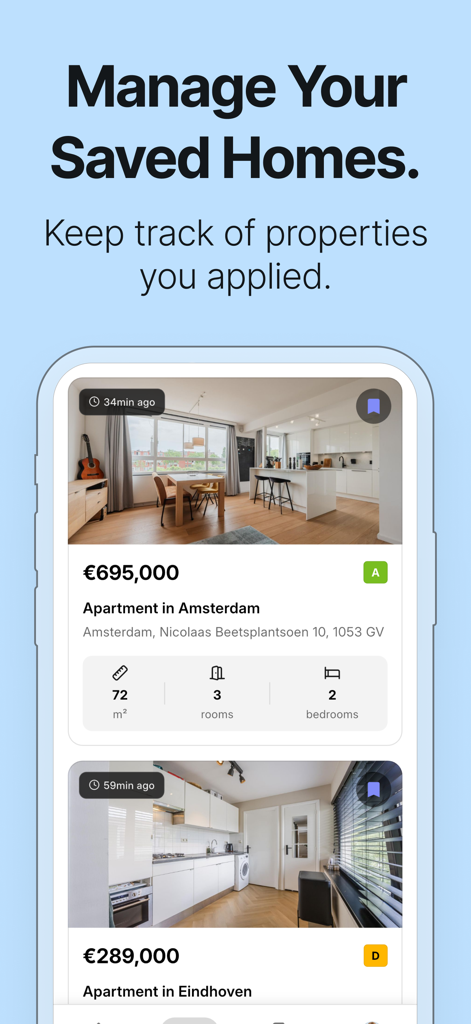 Huisly - The Huisly app interface displaying a list of saved property listings in Amsterdam and Eindhoven with price and room details