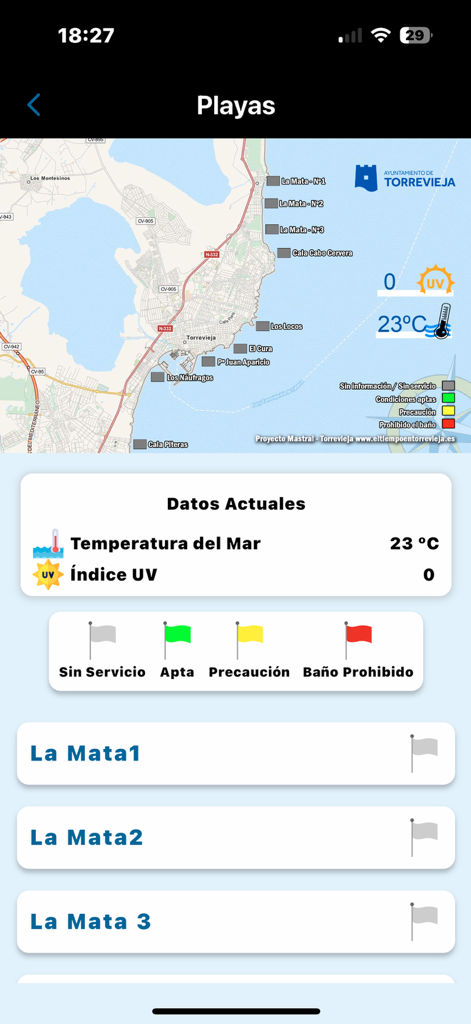 Proyecto Mastral - Mapa y datos meteorológicos en tiempo real para las playas de Torrevieja, incluida la temperatura del mar y las banderas de seguridad.