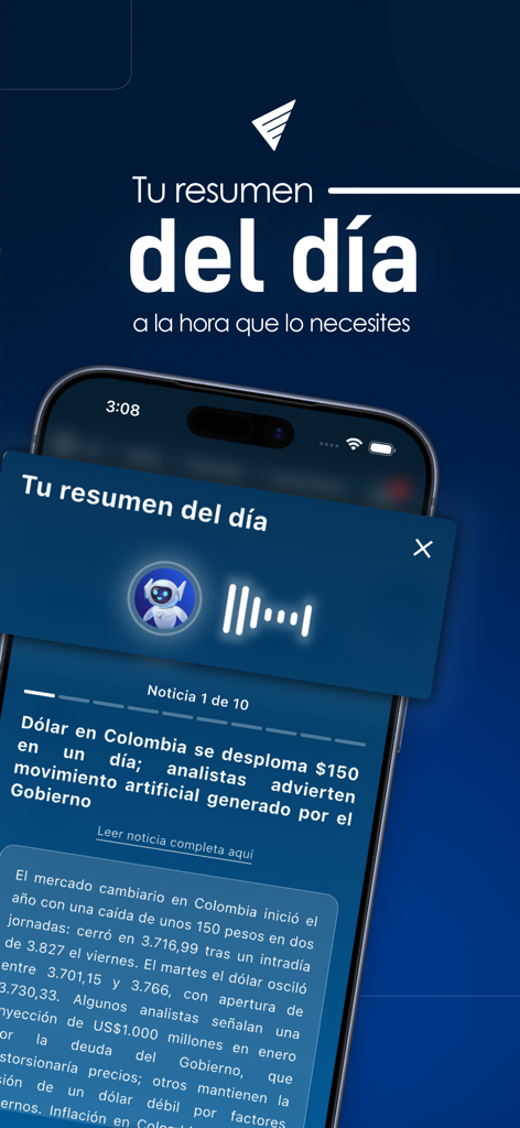 Aplicación móvil de Valora Analitik que muestra una pantalla de resumen de noticias financieras diarias con una interfaz de asistente de voz IA.