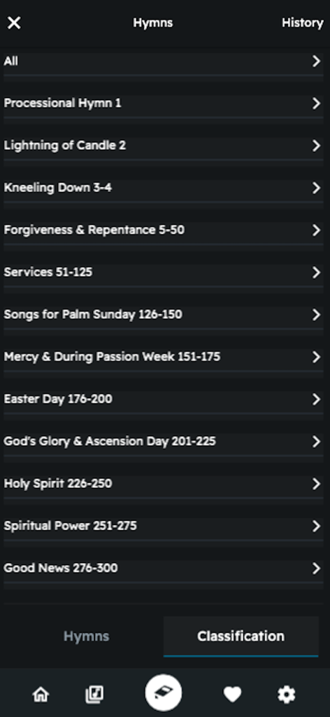 Celestial Church of Christ hymn categories list on mobile app