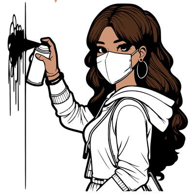 realistic girl with mask spray painting a wall