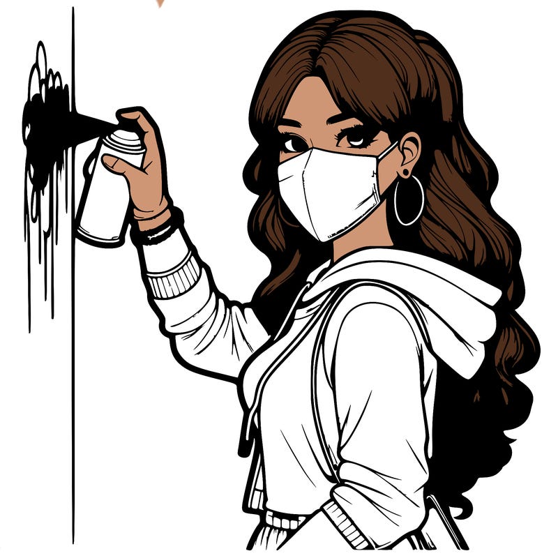 realistic girl with mask spray painting a wall