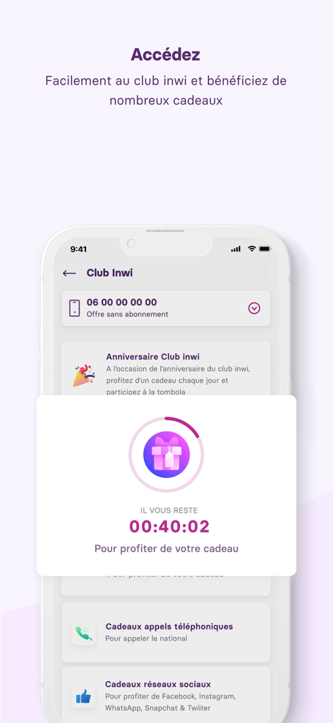 My inwi app screen showing Club inwi rewards with a gift countdown timer and gift options.