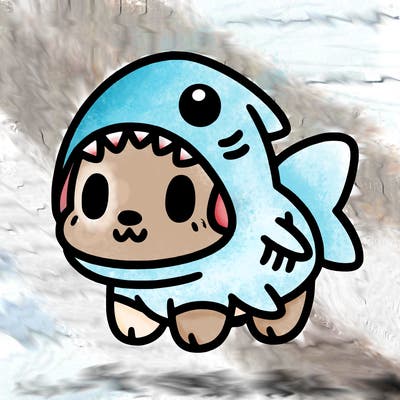 cute dog wearing a shark costume
