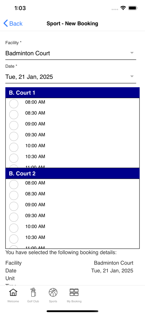 Interface of the QiSoft Golf app showing badminton court booking options and time slots.