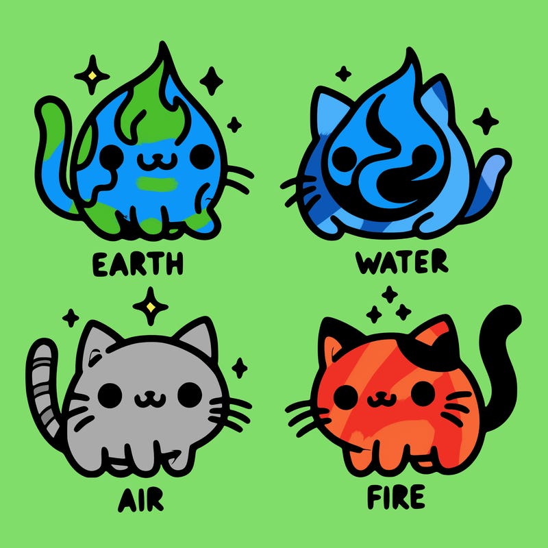 4 cats that represent the different elements, earth, water, air, and fire