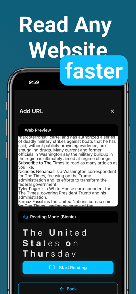 Bio Reading - Fast Read - Interfaccia dell'app Bio Reading che mostra un'anteprima di un sito web in modalità Lettura Bionica per una lettura più veloce