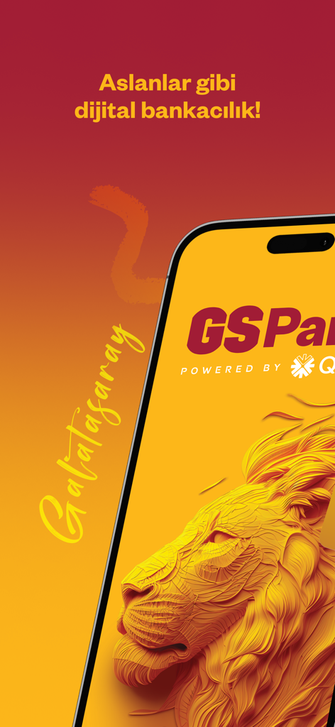 GSPara - Pantalla de inicio de la aplicación de banca móvil GSPara con una ilustración de un león dorado y los colores del club Galatasaray