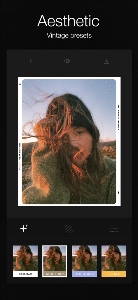 Interface of the Most app showing vintage presets and a film frame on a portrait photo