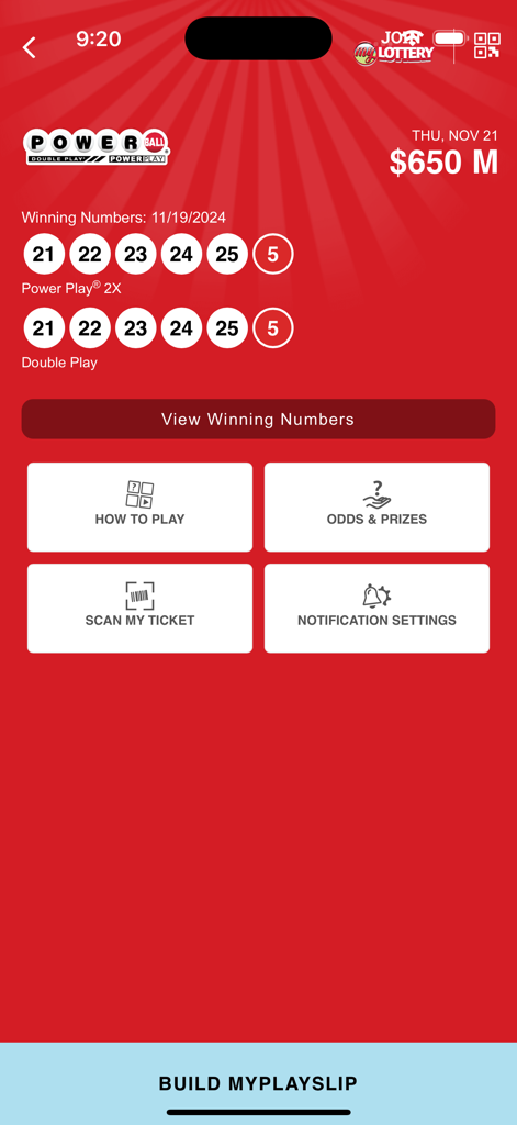 Hoosier Lottery - 후지어 복권 앱 화면 - 파워볼 당첨 번호 및 6억 5천만 달러 잭팟 표시