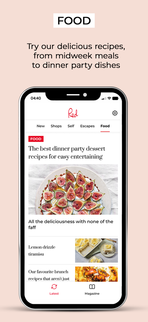 Red magazine UK - Red UK 앱의 음식 섹션에서 파티 및 브런치용 고급 레시피를 보여주는 모바일 화면.