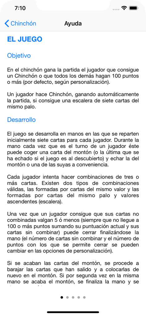 iChinchon - A help screen in the iChinchon app explaining the game rules and objectives in Spanish.