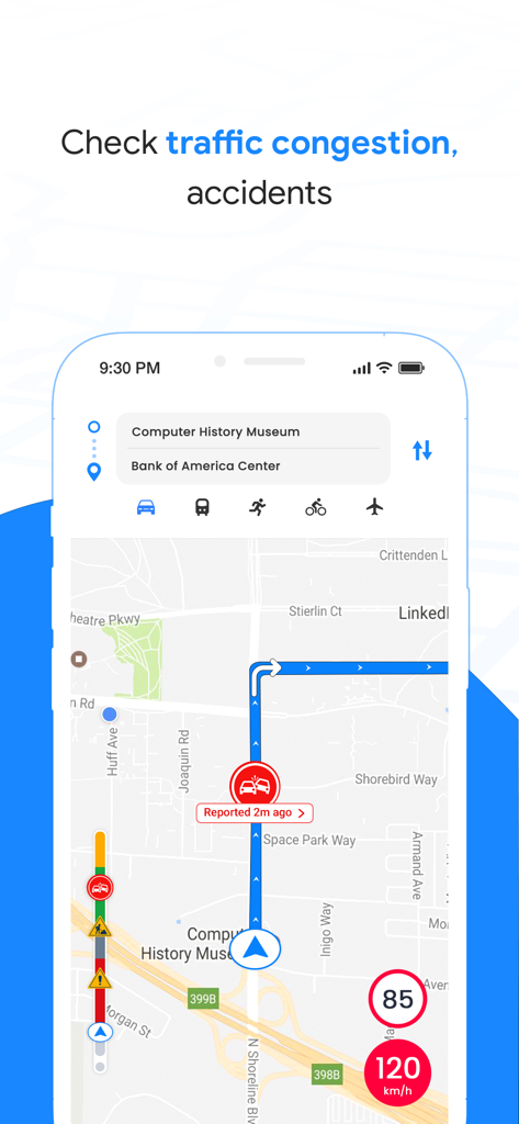 La aplicación GPS Map Navigation mostrando una ruta con un informe de accidente de coche y alertas de límite de velocidad.
