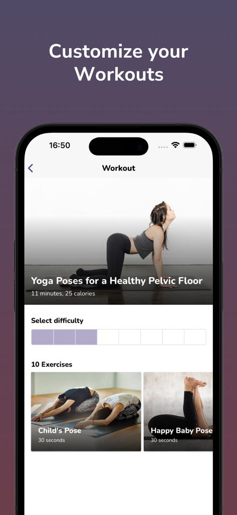 モバイルアプリの画面。チャイルドポーズやハッピーベイビーポーズなどのヨガのポーズを特徴とする骨盤底筋エクササイズのカスタマイズ画面。