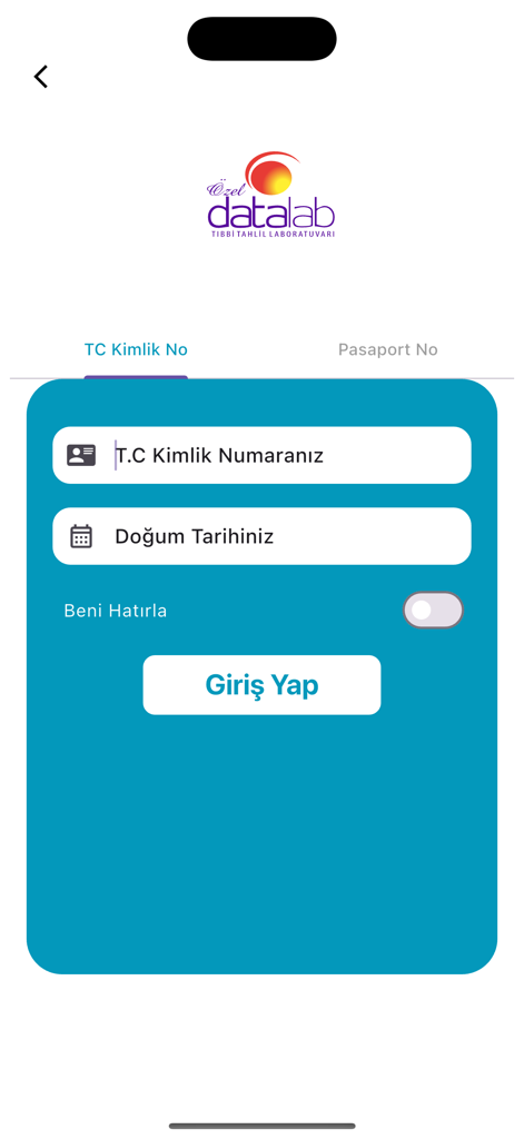 Tela de login do aplicativo móvel Datalab com campos para número de identificação e data de nascimento