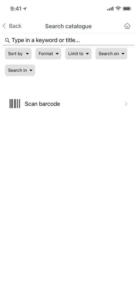Search catalogue screen of the Toowoomba Region Libraries app featuring a keyword search bar and barcode scanner option