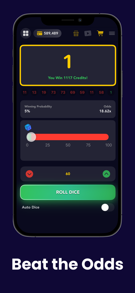 Dice mini game screen in Crash or Cash Lucky Casino app showing win results and odds