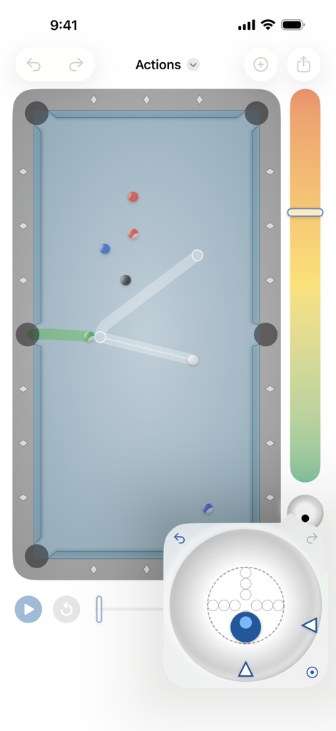 Billiard Shot Studio - Interface do Billiard Shot Studio mostrando simulação de tacada e controles de posição da ponta da bola branca