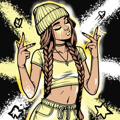 realistic teenage girl with braids and a beanie and crop top doing 🫶🏼