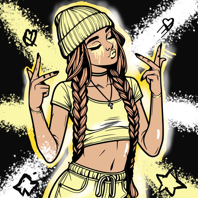 realistic teenage girl with braids and a beanie and crop top doing 🫶🏼