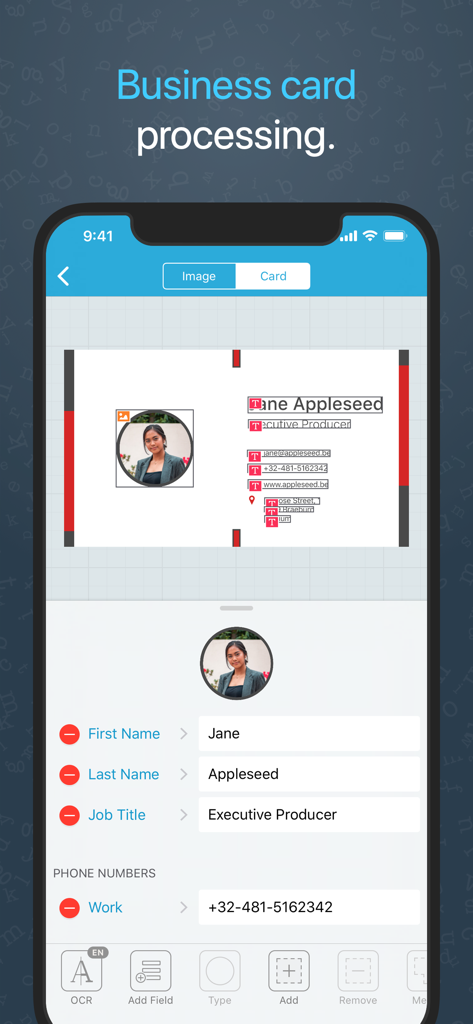 Prizmo Scan › Document Scanner - Prizmo Scan app extracting contact details from a business card using OCR.