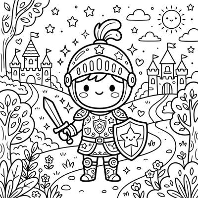 Dive into a world of chivalry and cuteness with this delightful Kawaii Knight Errant coloring page. Featuring a brave little knight in shining armor amidst a whimsical fantasy landscape, it's perfect for all ages.