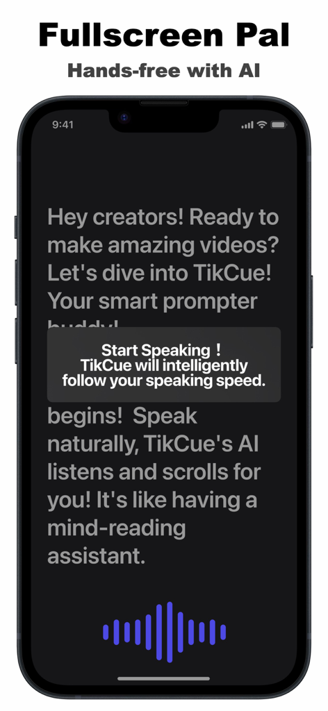 Teleprompter TikCue - Teleprompter TikCue app showing AI voice scrolling feature for hands free video recording