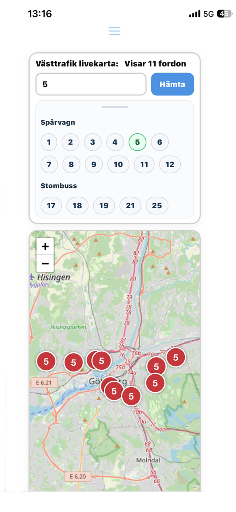 Strul app interface displaying real-time vehicle locations for tram line 5 on a map of Gothenburg