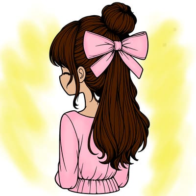 realistic girl  with hip length hair a bun and a big bow on the back of head
