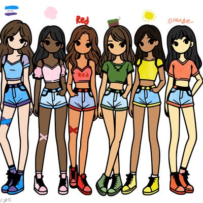a group of girls wearing crop tops and shorts