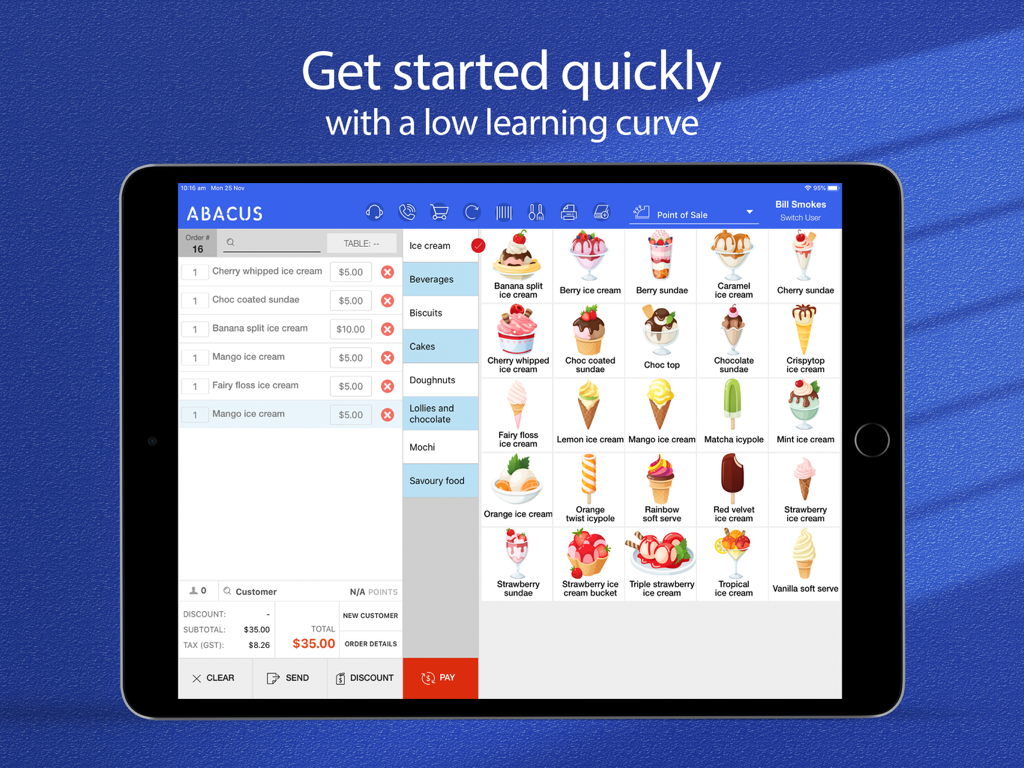 Abacus POS interface on an iPad showing a menu of desserts and order list for a restaurant.