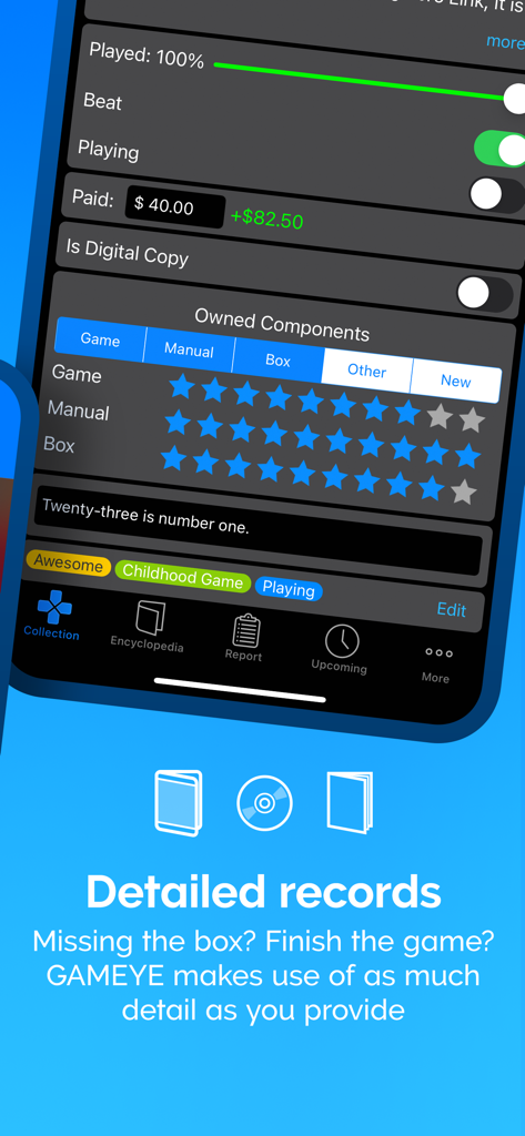 Interface of GAMEYE app showing detailed game tracking including condition ratings and price history