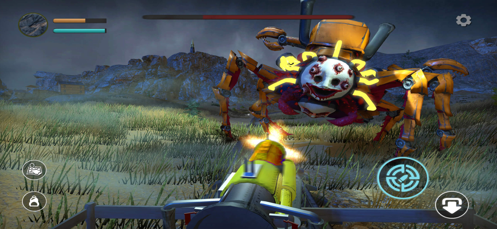 Charles Train - First person view of a player shooting at the giant spider train monster in Charles Train