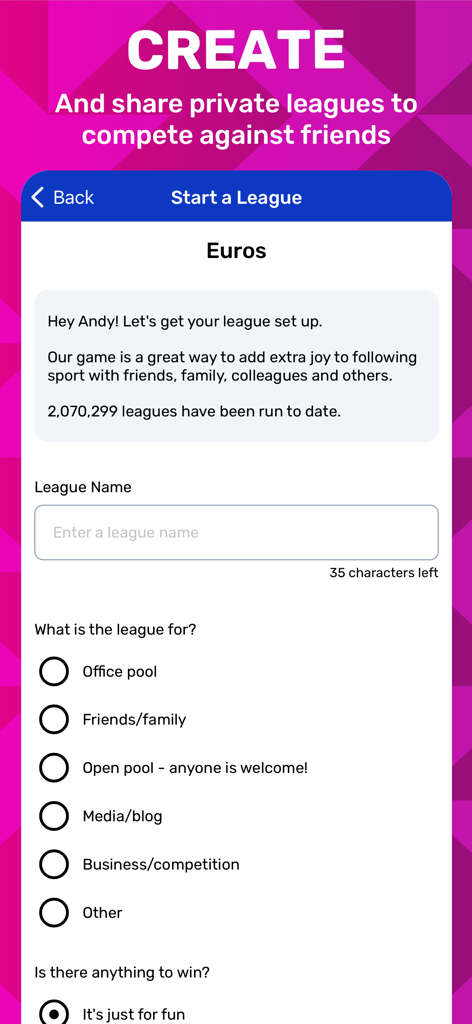 Superbru Football - Interface for creating and sharing private soccer leagues with friends in the Superbru Football app.