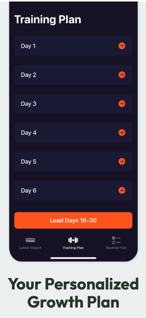 Taller ai height increase - Oberfläche der TallBoost AI App, die einen personalisierten täglichen Trainingsplan für das Höhenwachstum zeigt