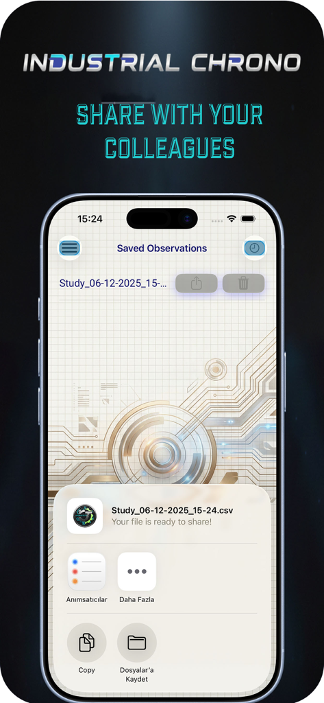 Pantalla de la aplicación Industrial Chronometer mostrando la opción para compartir observaciones de estudios guardados como archivo CSV