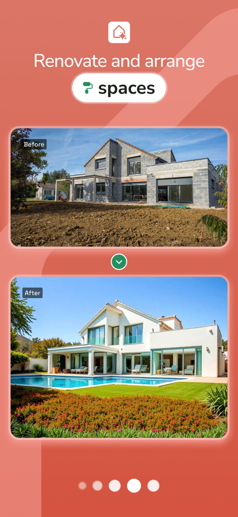 HOQI - Home Staging AI - Before and after comparison showing a house exterior transformation from construction to a finished luxury home with a pool