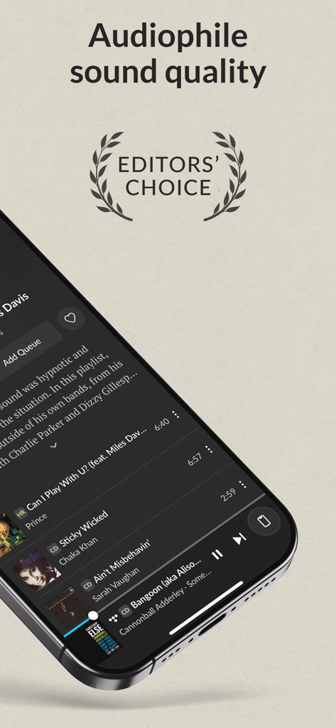 JPLAY - JPLAY music player interface on an iPhone showing hi-res audio tracks and an Editors Choice award badge