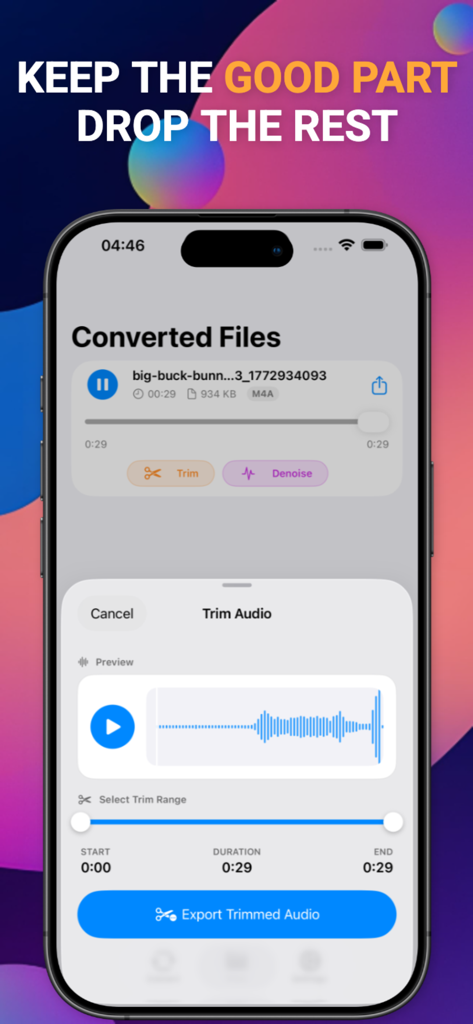 Video to Audio Sound Extractor - Mobile app interface showing the audio trimming tool with a waveform editor for extracted video sounds