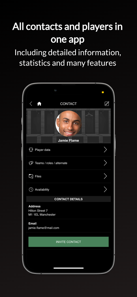 Detailed player profile and contact management screen in the easy2coach app