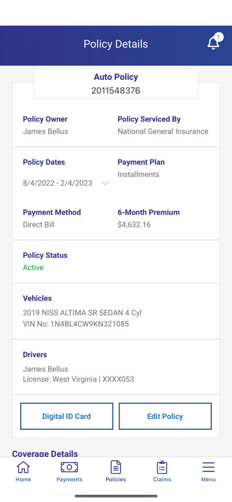 National General - Screenshot of the National General app showing auto insurance policy details like policy owner, status, premium, and vehicle information.