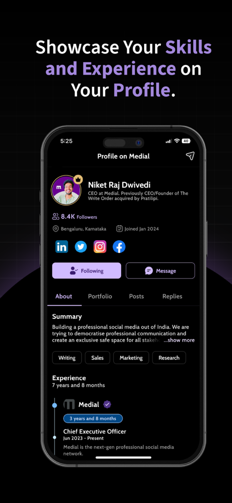 Medial - Startup News and Tech - A mobile screenshot showing a user profile on the Medial app with skills experience and linked social media accounts