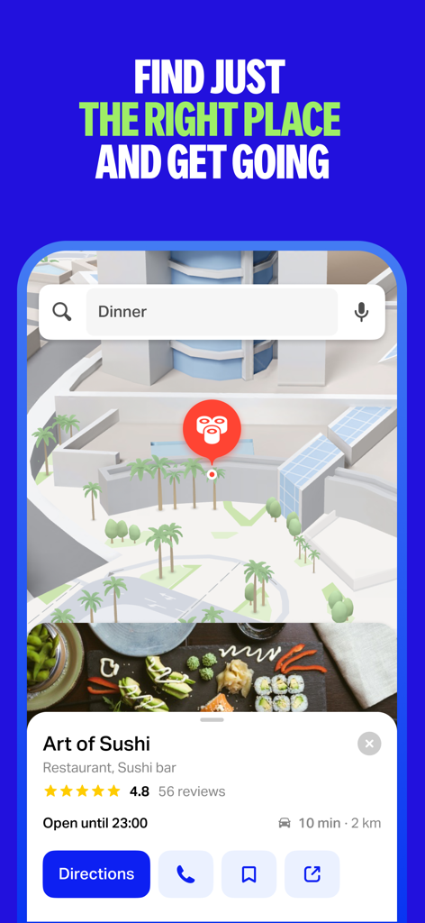 Yango Maps - Interface of Yango Maps app showing 3D navigation and restaurant details