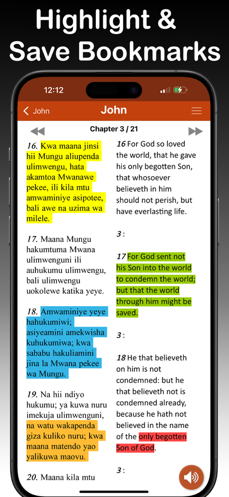 Swahili Bible: Biblia Takatifu - Swahili and English parallel Bible view with highlighted verses and bookmarks