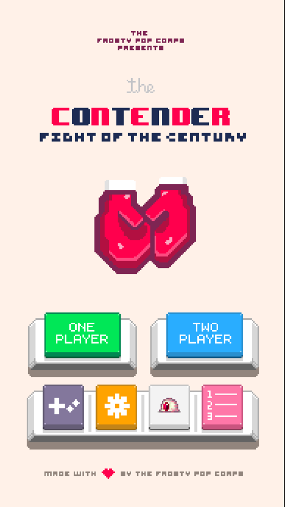 Main menu screen for The Contender Fight of the Century featuring 8-bit pixel art boxing gloves and player selection buttons