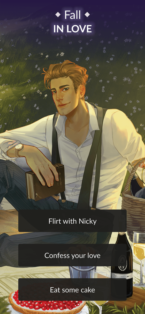 Fictif: Interactive Romance - A visual novel scene in Fictif showing a character named Nicky at a picnic with interactive story options to flirt or confess love