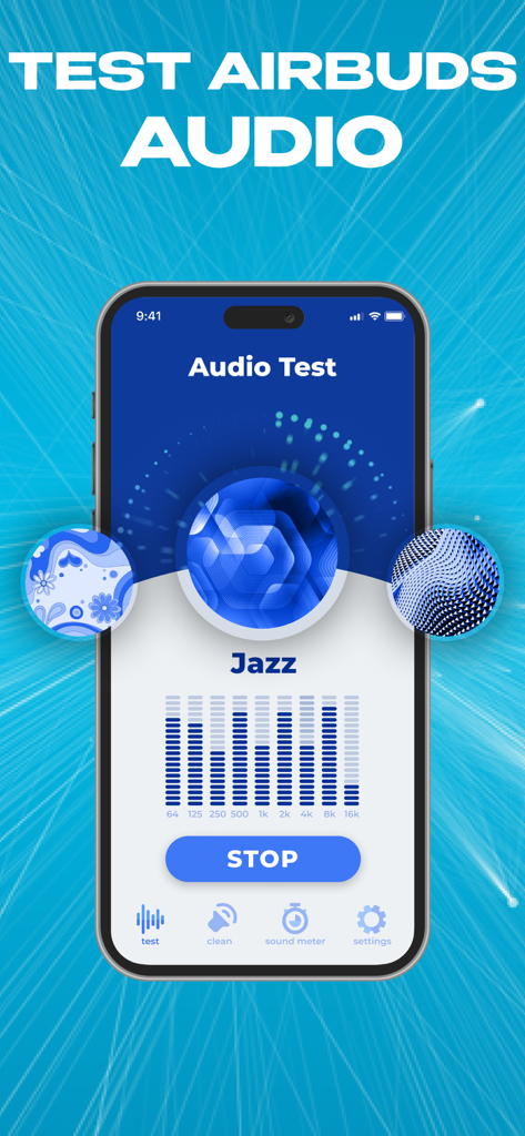 Interface of the Blowly Cleaner app showing the airbuds audio test feature with a sound equalizer visualization